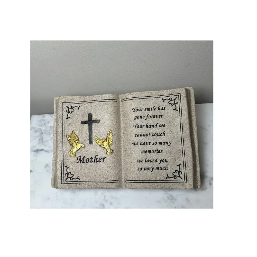 Mother's Memorial Sculpted Open Book Plaque, Cross & Doves, In Loving Memory Mum